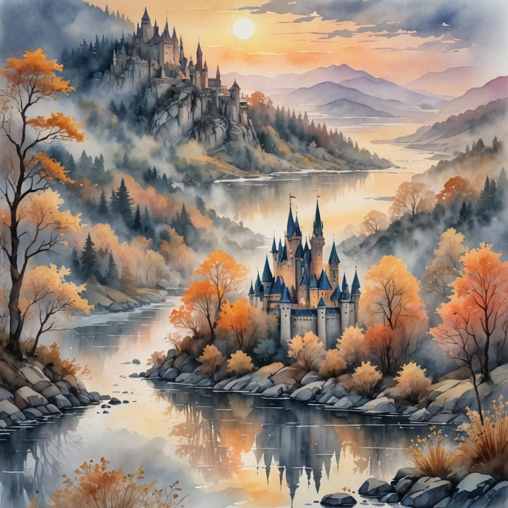 Watercolor Fantasy Castle at Sunset on Verdant Hills