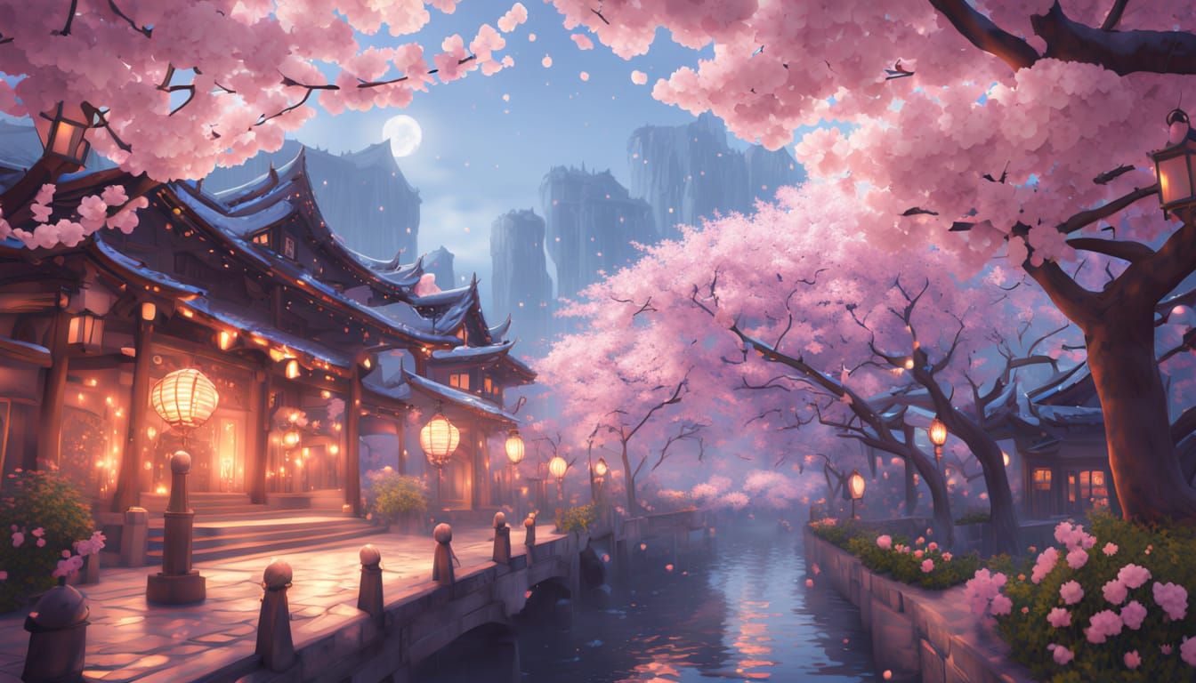 Whimsical Cherry Blossom Alley in Pastel Hues