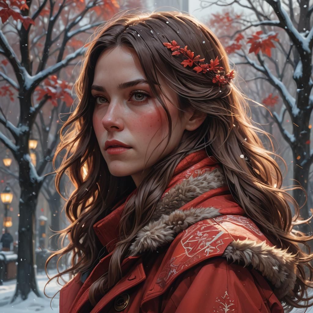 Woman in Red Coat: Detailed Portrait