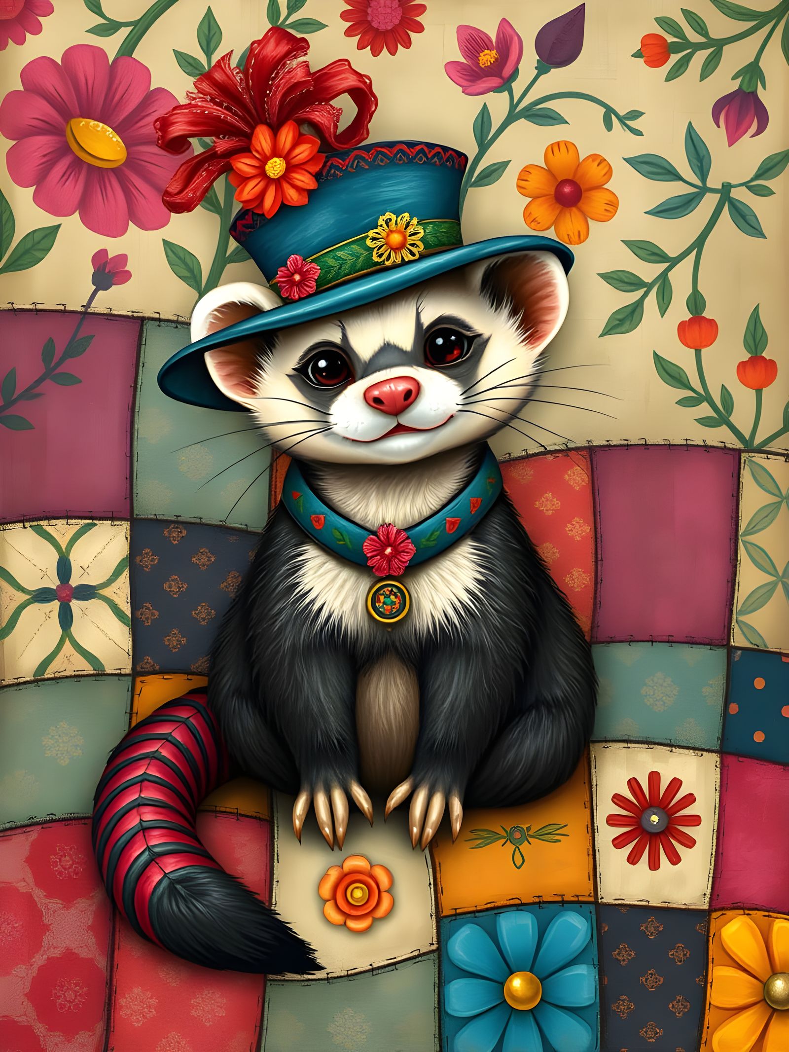 Whimsical Ferret in Fancy Hat on Patchwork Blanket
