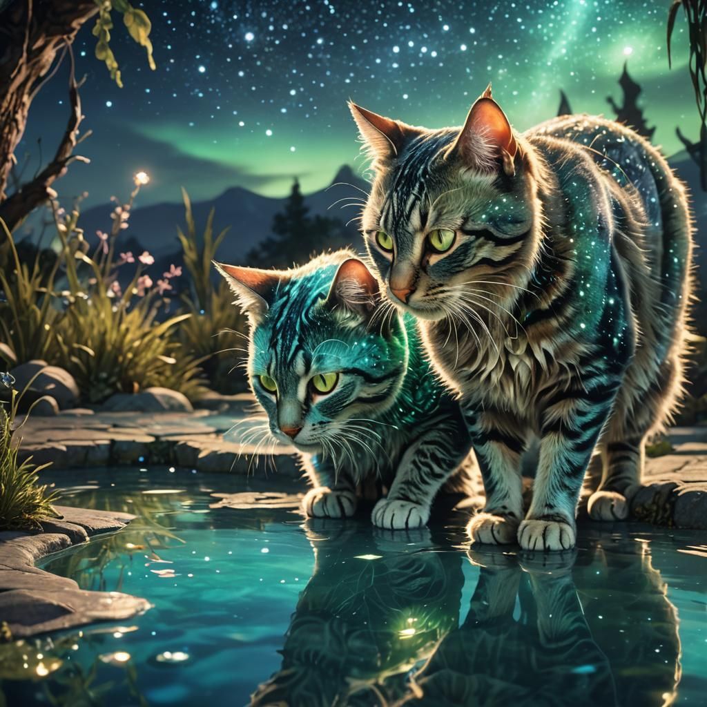 Cat Drinking at Starry Pool: Matte Painting