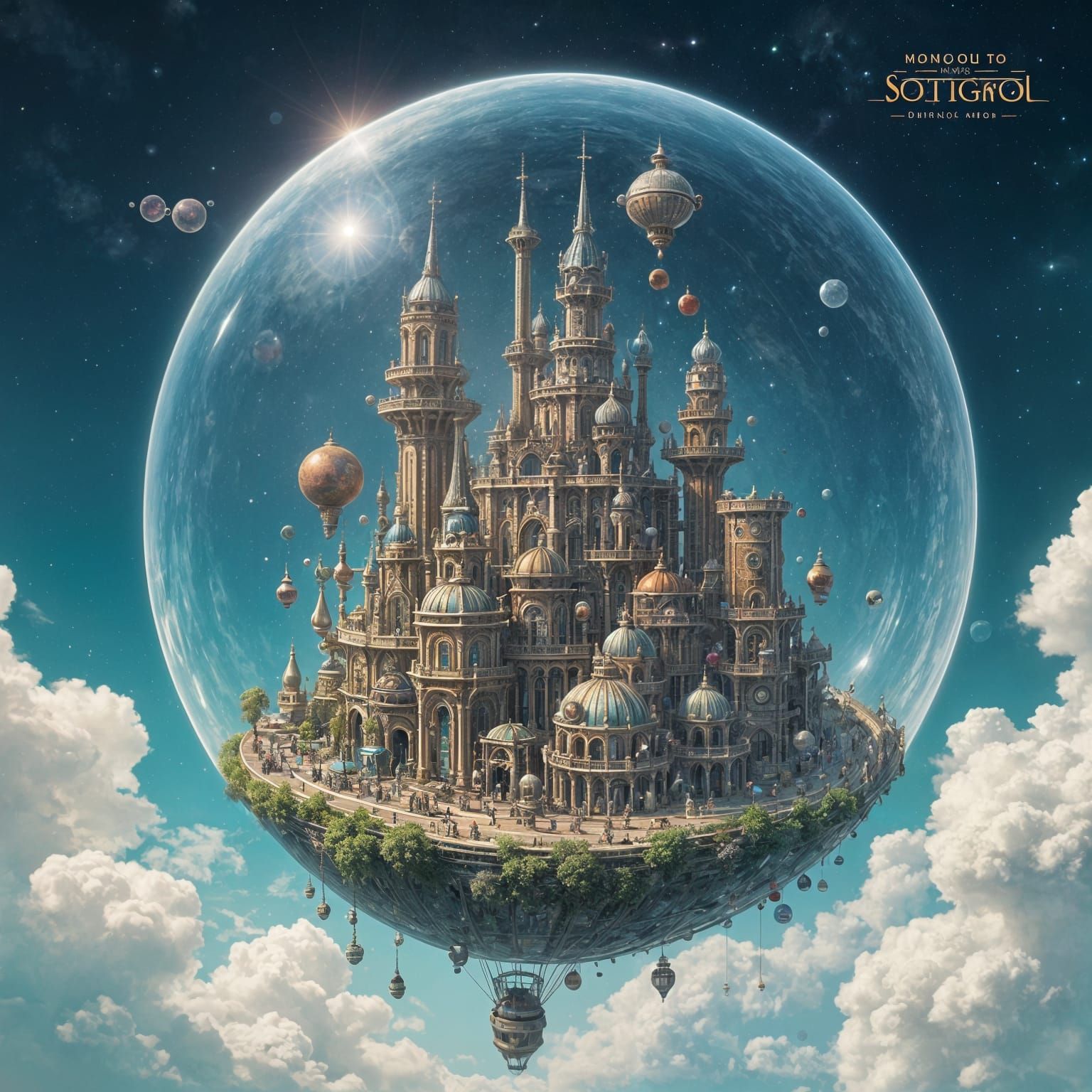 A Steampunk City Inside A Soap Bubble Floating Above The Clo...