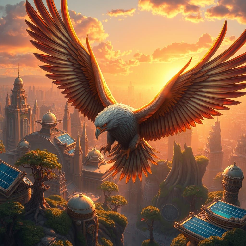 Griffin Soaring Over Solarpunk City in Art Nouveau Style