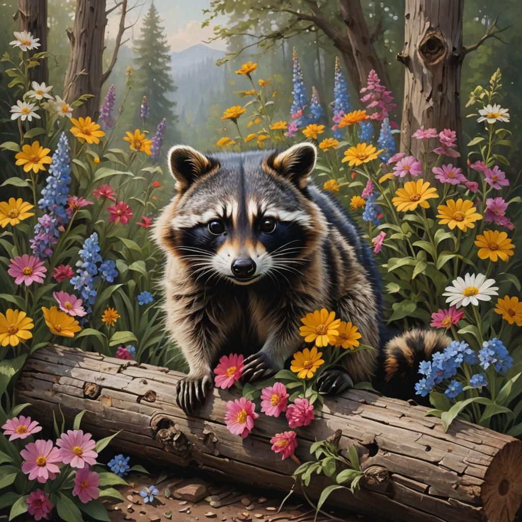 Raccoon in Floral Scene, Romantic Realism Style