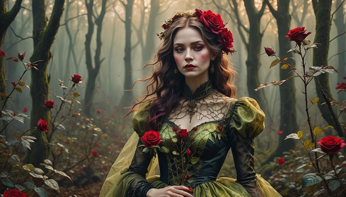 Mysterious Woman with Rose in Misty Forest