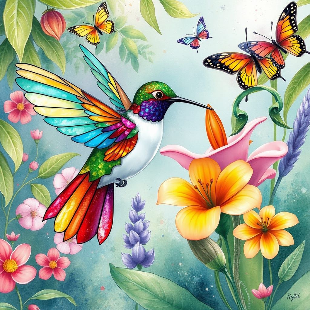 Hummingbird with Stained Glass Wings in Watercolor Style