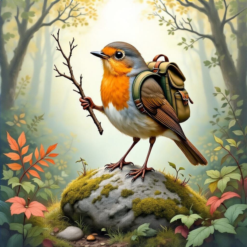 Robin with Backpack in Beatrix Potter Style