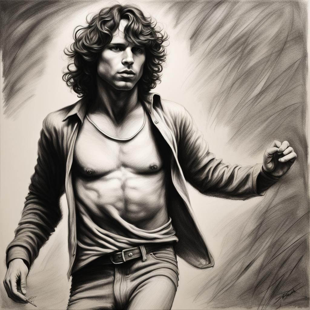 Jim Morrison Dancing: Hyperdetailed Charcoal Drawing