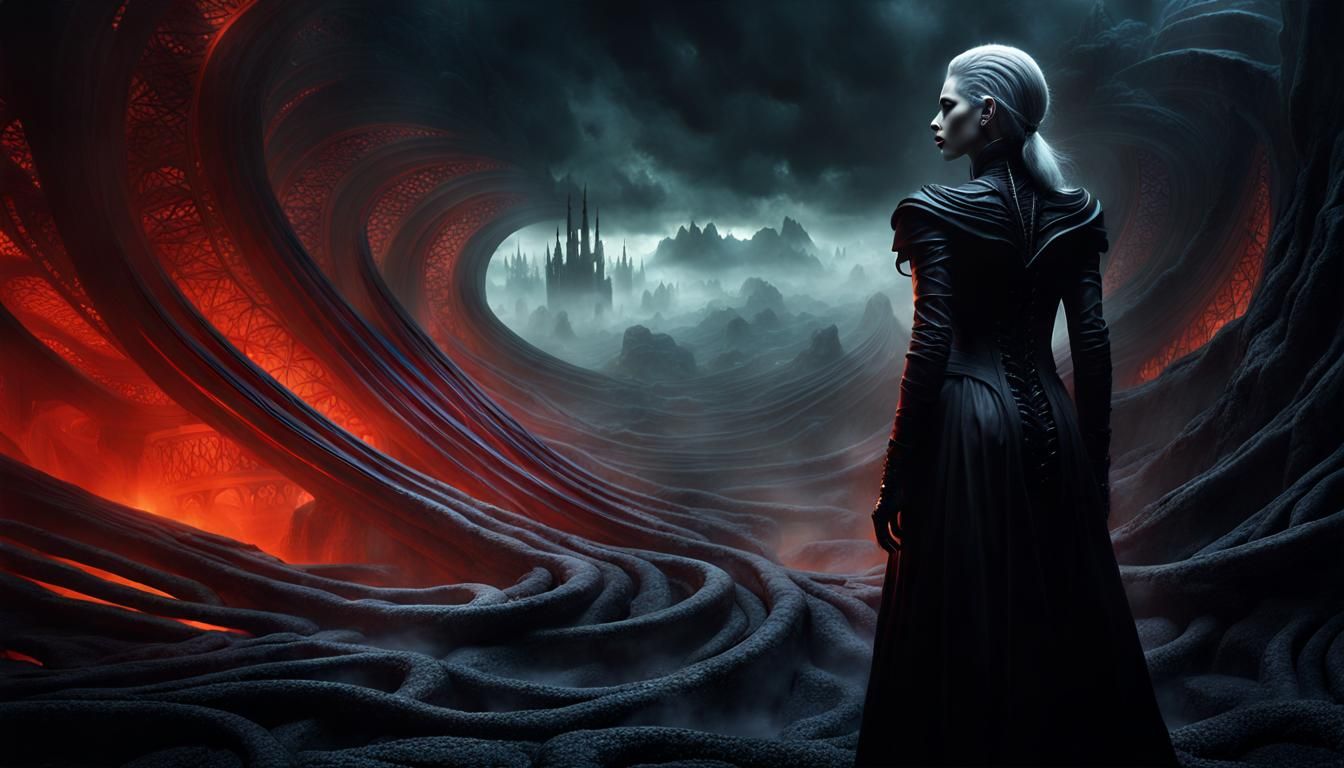 Grimdark Vampire in Swirling Mists: HR Giger Style