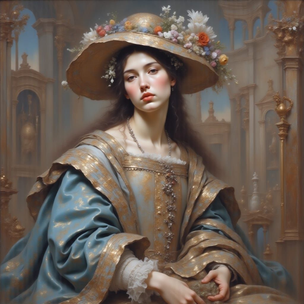 Renaissance Woman Portrait with Turquoise Glow