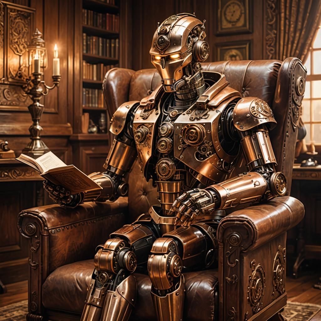 Steampunk Robot Reading Book in Cozy Workshop