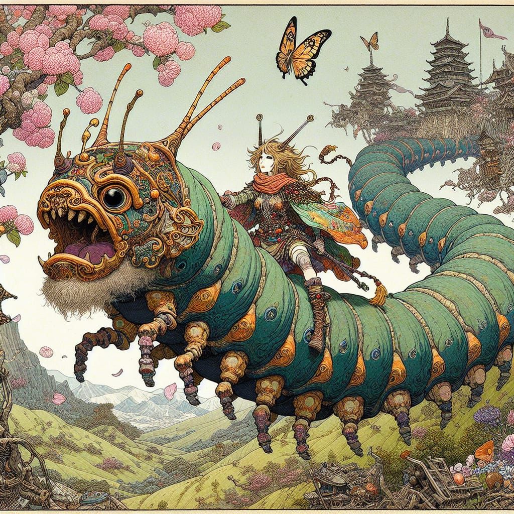 Middle Eastern Hero Rides Dragon Caterpillar Through Fantasy...