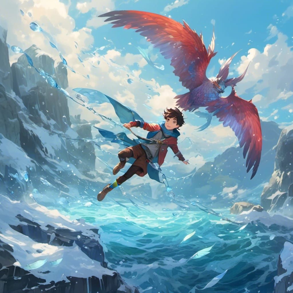 Fantasy Anime: Boy Flies Over Frozen Ocean