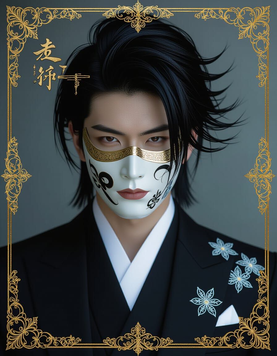 Man in Ornate Kabuki Mask with Silver-Reflecting Hair