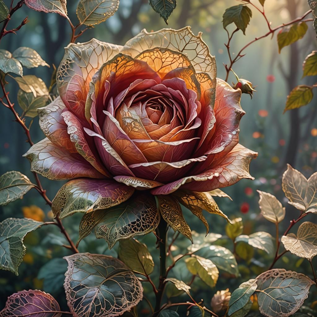 Lace Rose in Misty Forest: Fauvist Oil Painting