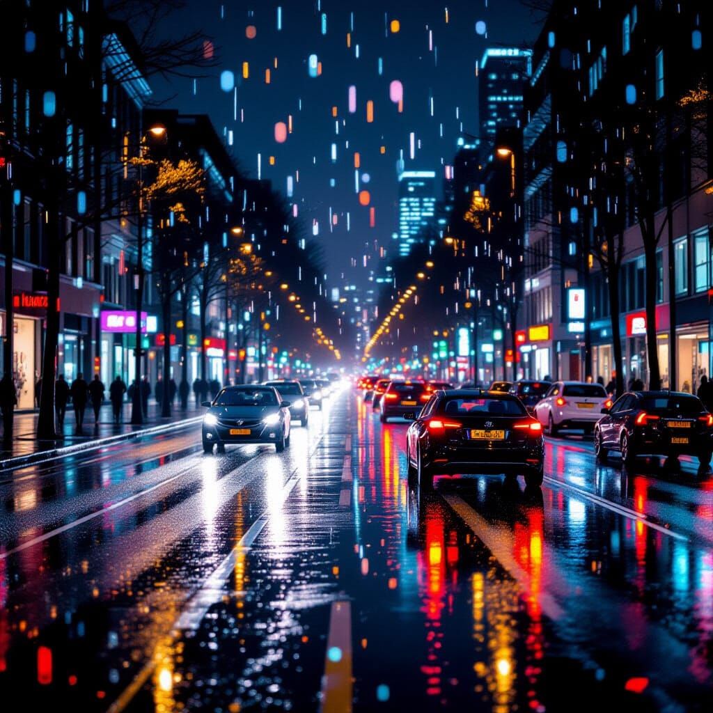 Rainy City Night with Glistening Reflections