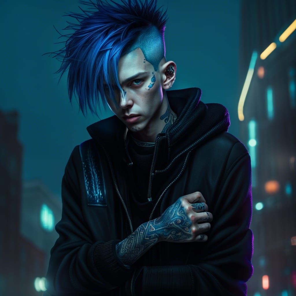 Cyberpunk Teen with Blue Hair, Hyperrealistic Rendering