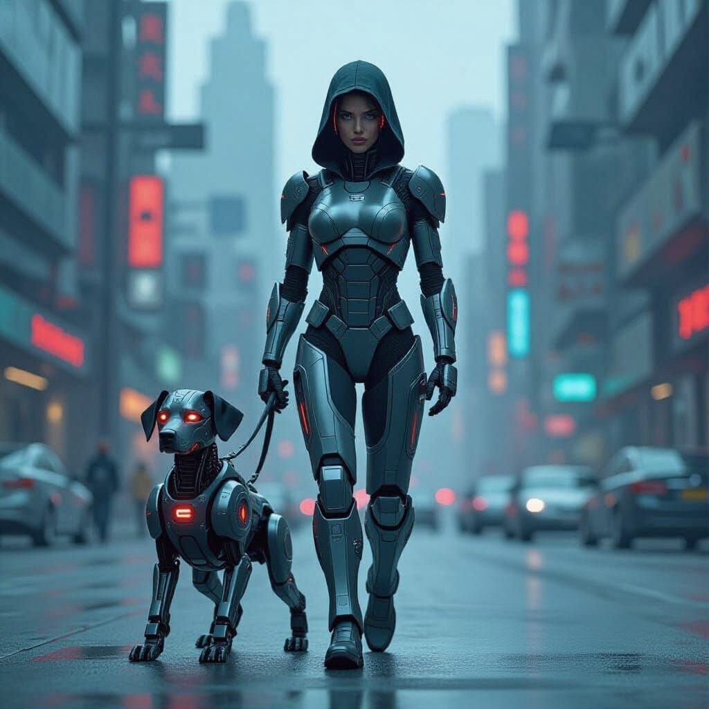 Cyborg and Robot Dog in Cyberpunk Style