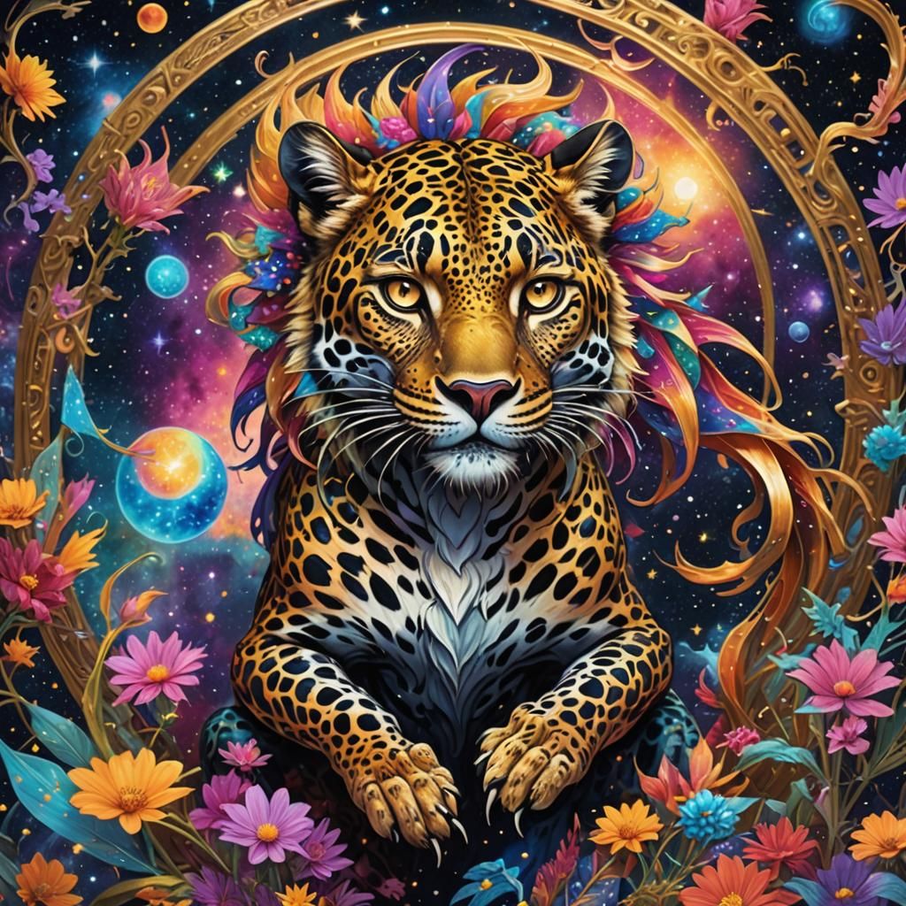 Cosmic Leopard Dragon in Holographic Style