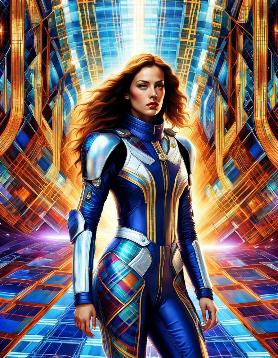 Woman in Plaid Spacesuit: Hyperdetailed Sci-Fi Art