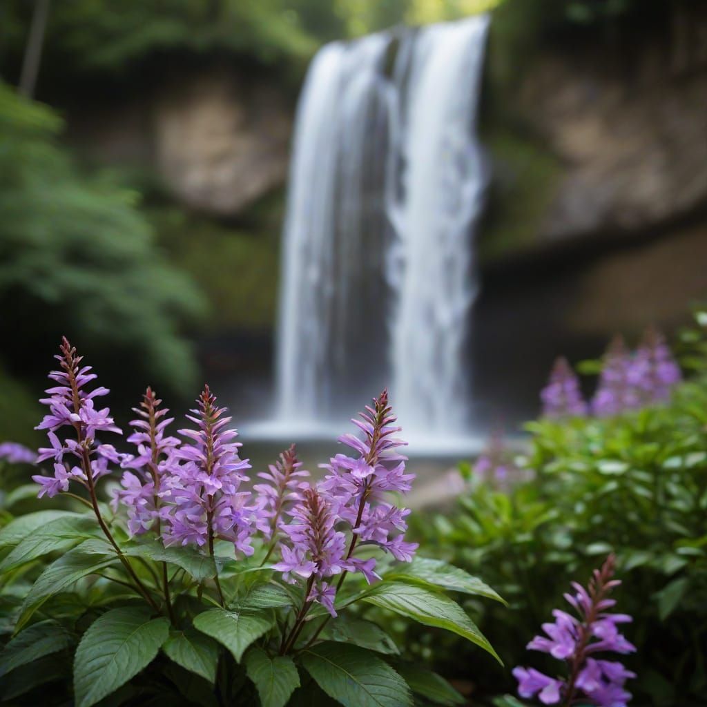 Purple Flowers and Waterfall Nature Photography