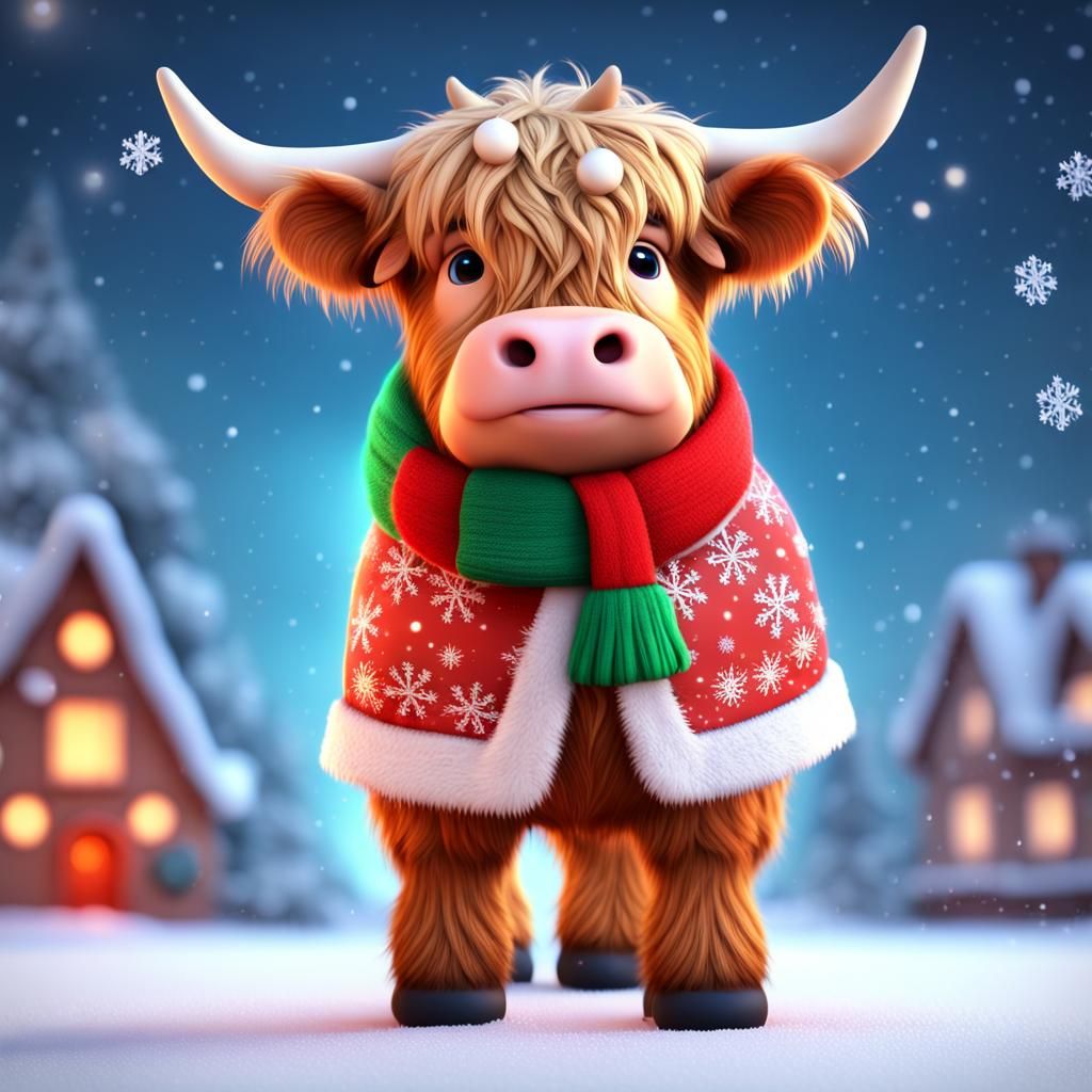 Festive Baby Highland Cow in Winter Snow, 3D Digital Art