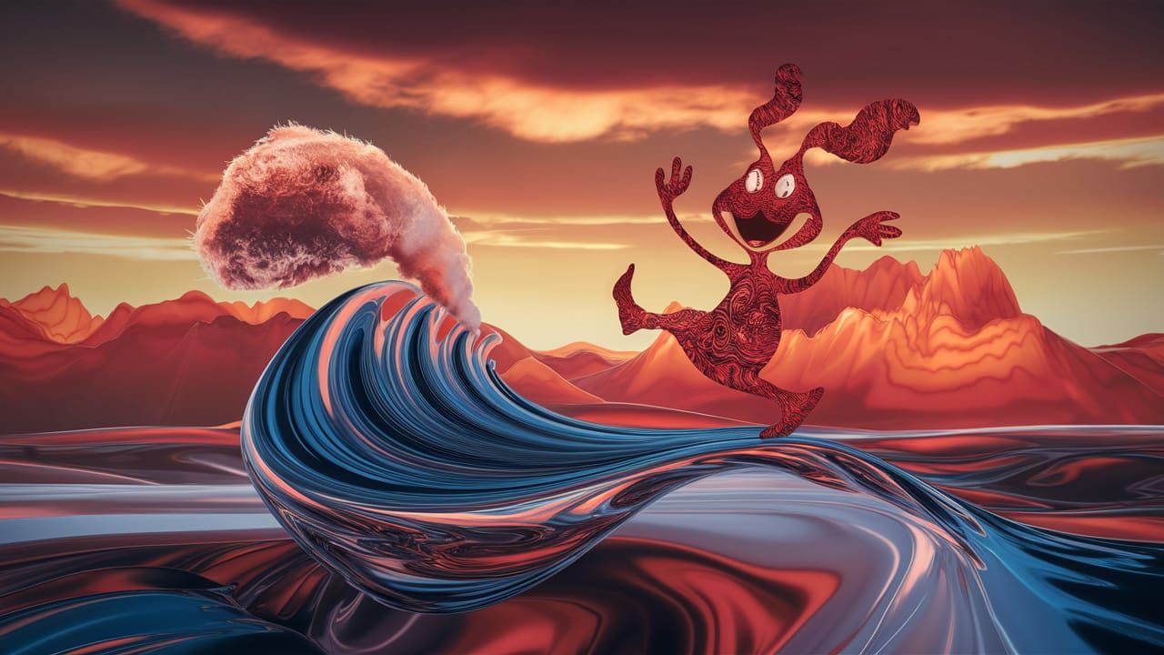 Abstract Fractal Scene with Dancing Creature at Golden Hour