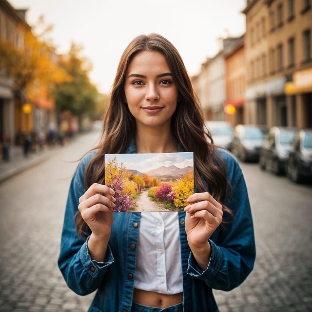 Beautiful Woman Holding a Vibrant Postcard