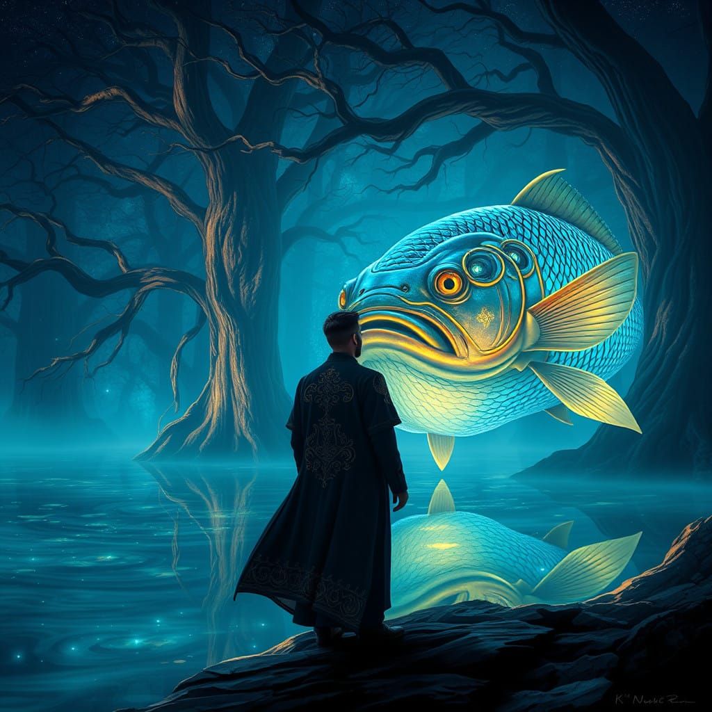 Man in Flowing Coat Converses with Enchanted Fish in Biolumi...