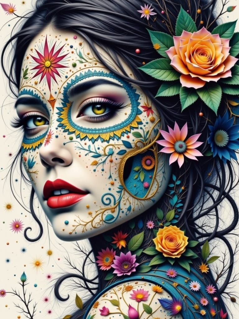 Vibrant Sugar Skull with Swirling Patterns and Flowers