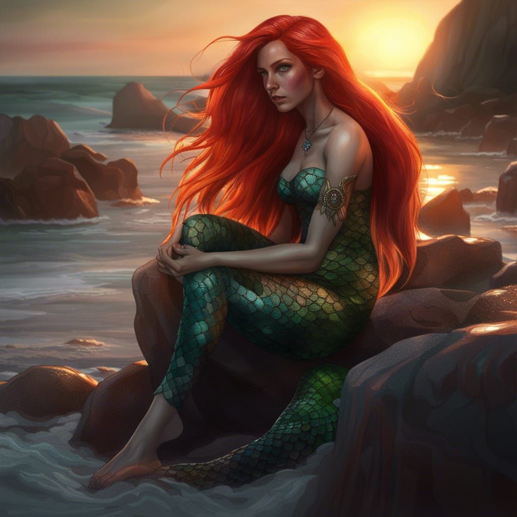 Mermaid at Sunset, Art Nouveau Digital Painting