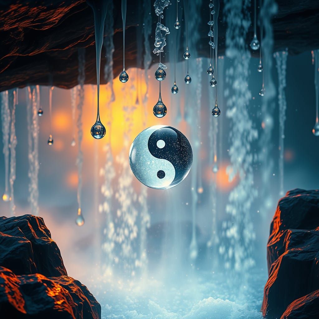Surreal Dreamlike Waterfall with Shimmering Yin-Yang Symbol