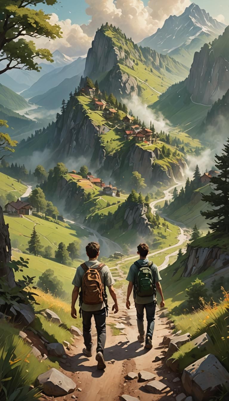 Brothers Walking to Mountain Village: Hyperrealistic Splash ...