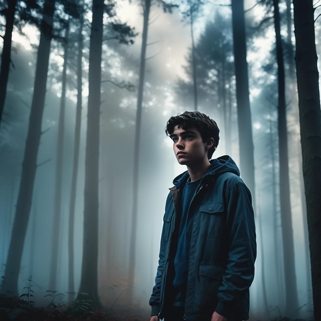 Mysterious Teenager in a Misty Forest Dusk