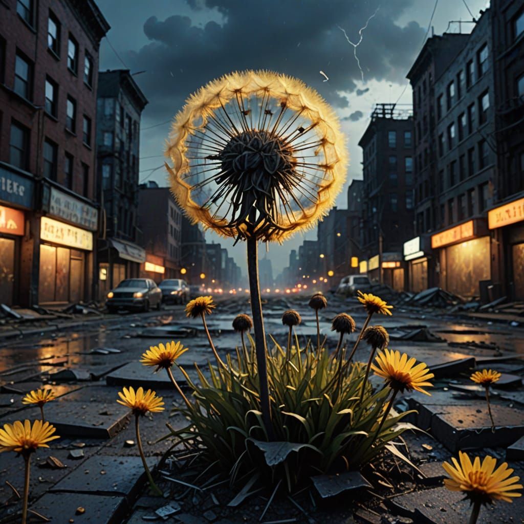 Post-Apocalyptic Twilight City with Dandelion in Digital Art