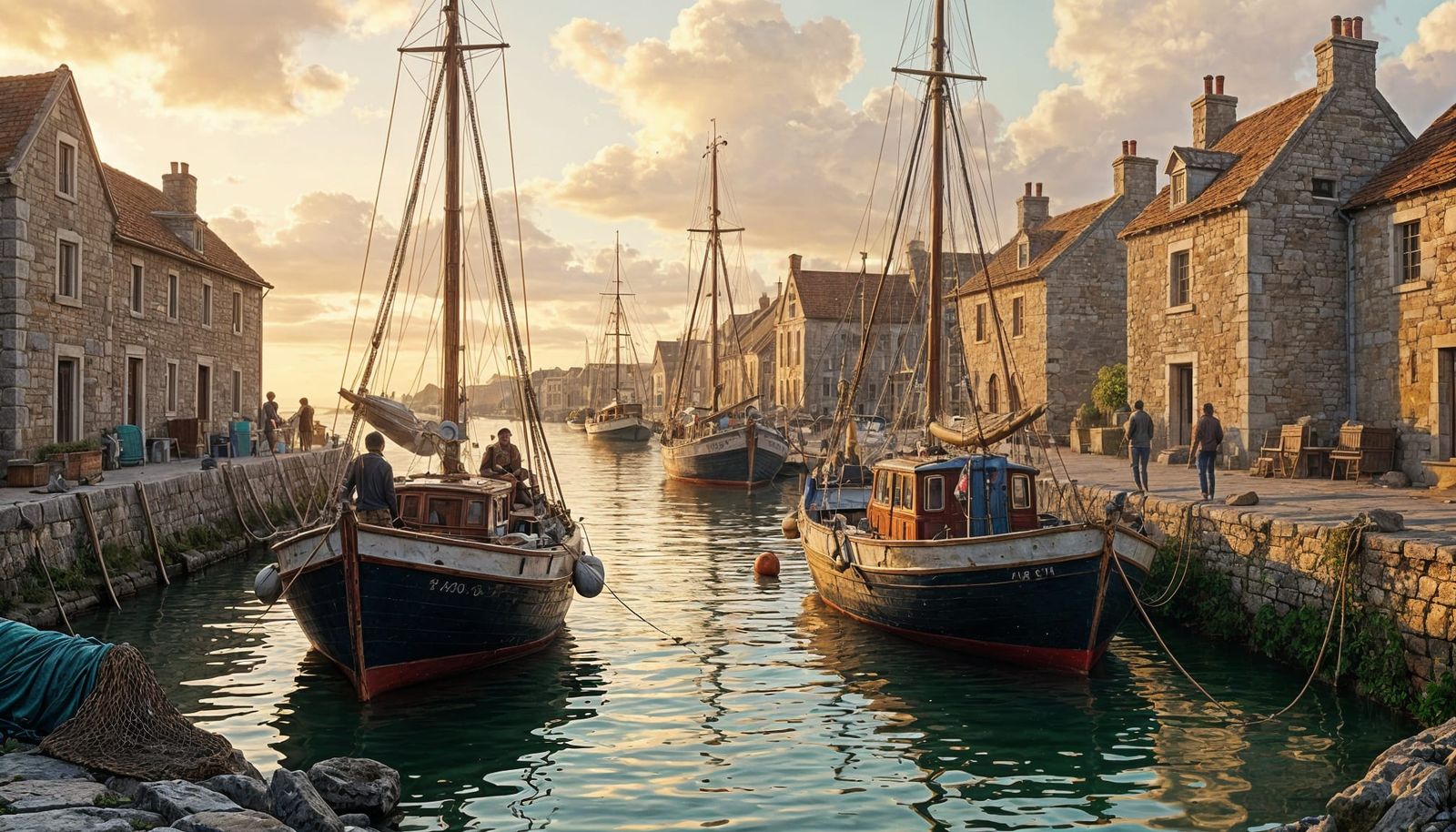 Golden Light on Old Sailing Boats: Hyperrealistic Harbor Sce...