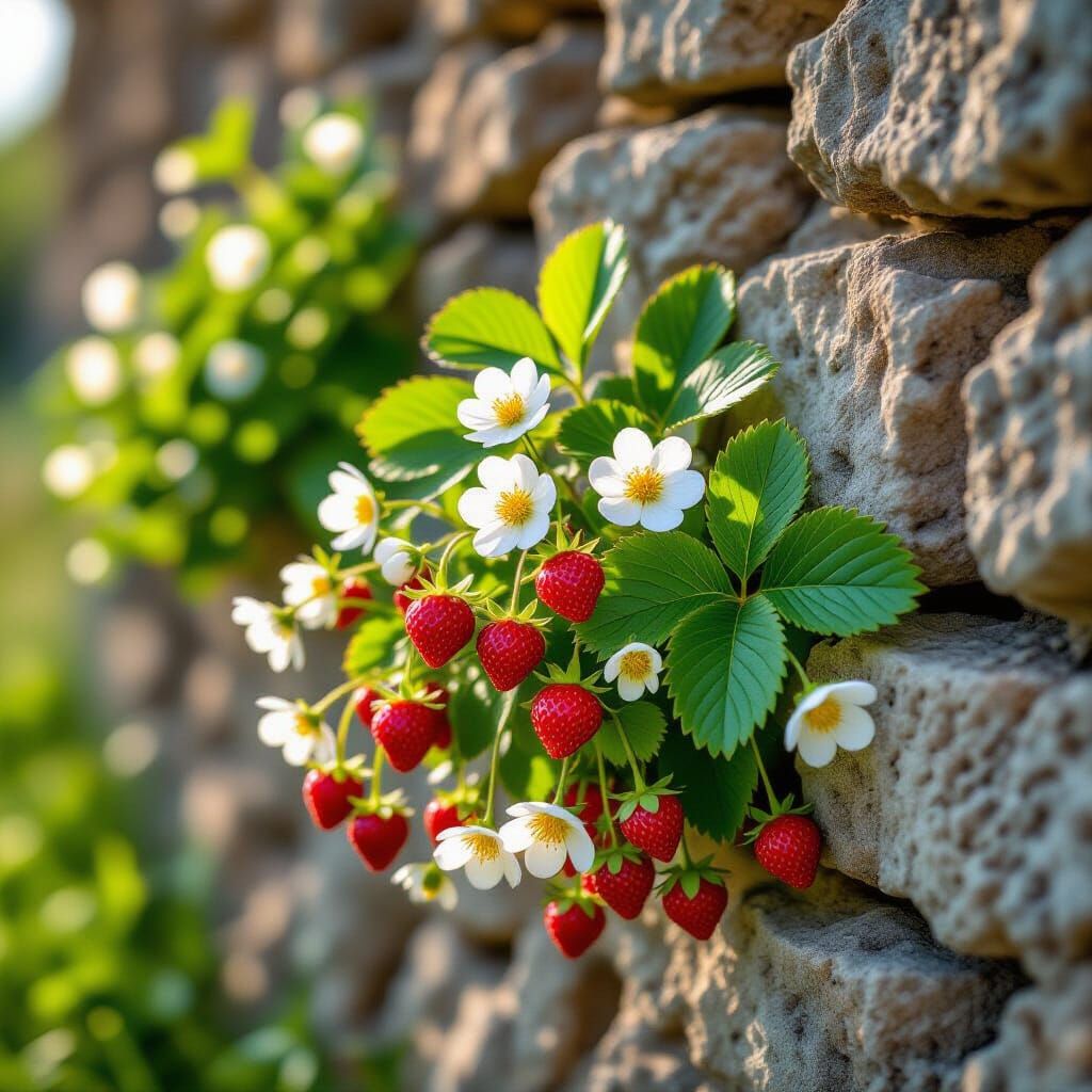 Hyperrealistic Strawberries Overflowing from Rustic Stone Wa...