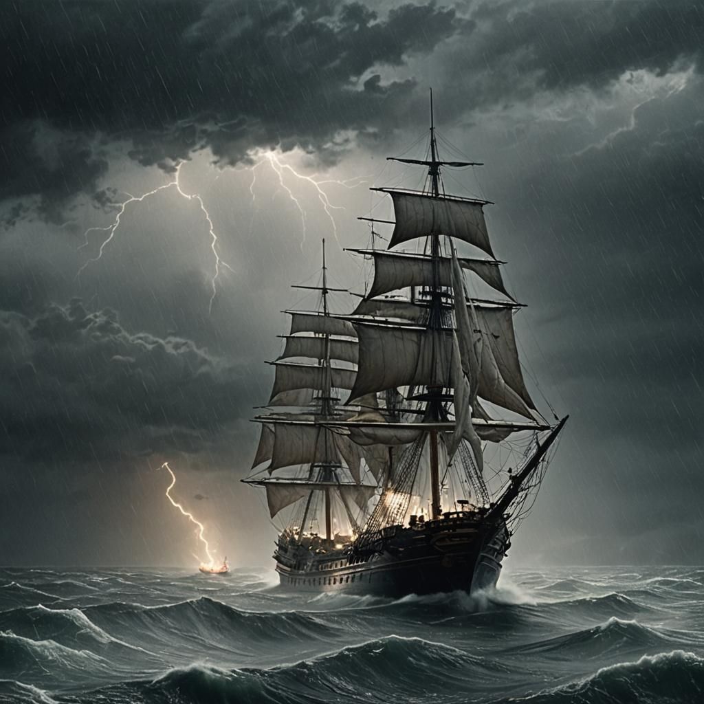 Dramatic Ship in Stormy Sea Inspired by Turner