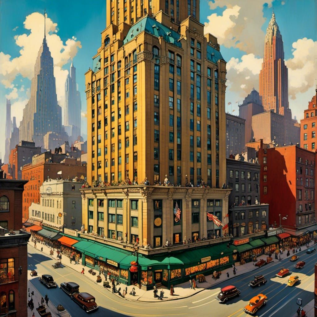 Vibrant Art Deco Skyscraper in Rockwell Style