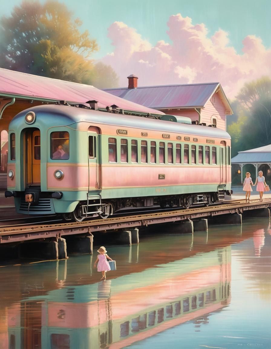 Pastel Painting of a Picturesque Vintage Train Station
