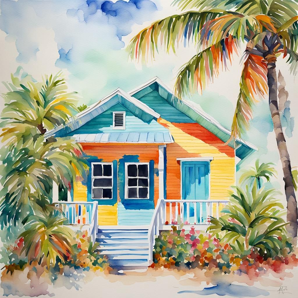 Colorful Key West Cottage in Watercolor Style
