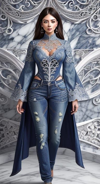Elegant Lady in Stunning Marble Filigree Denim Composition