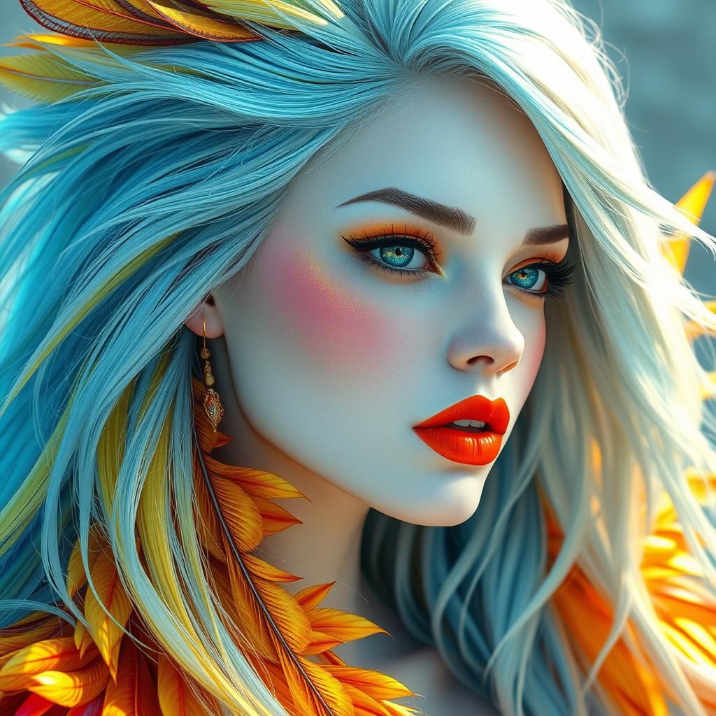 Surreal Woman with Rose Gold and Colorful Feathers