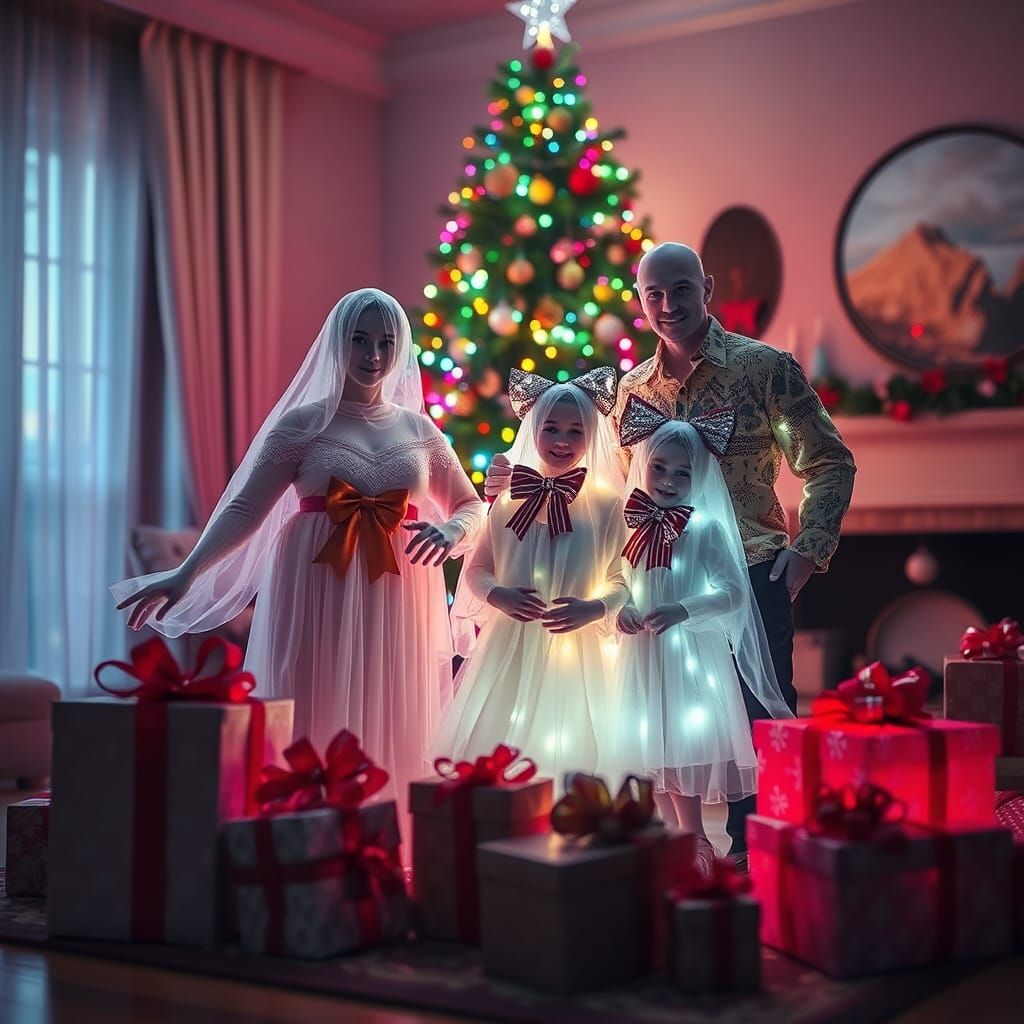 Ghostly Family Celebrates Christmas in 1980s Style