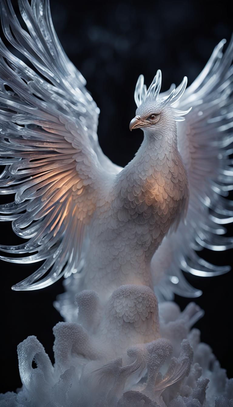 Shimmering Ice Phoenix Sculpture in 8K HDR