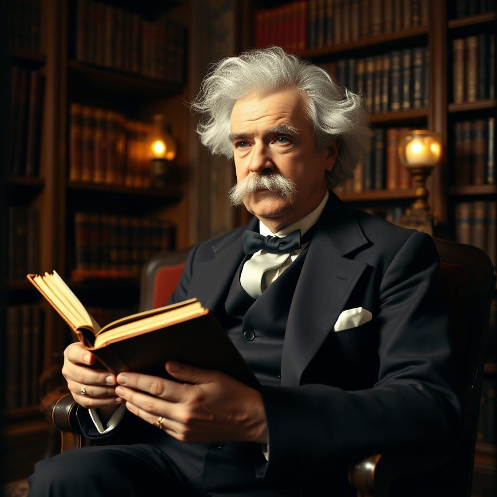 Dignified Mark Twain in a Vintage Study, Contemplating Life'...