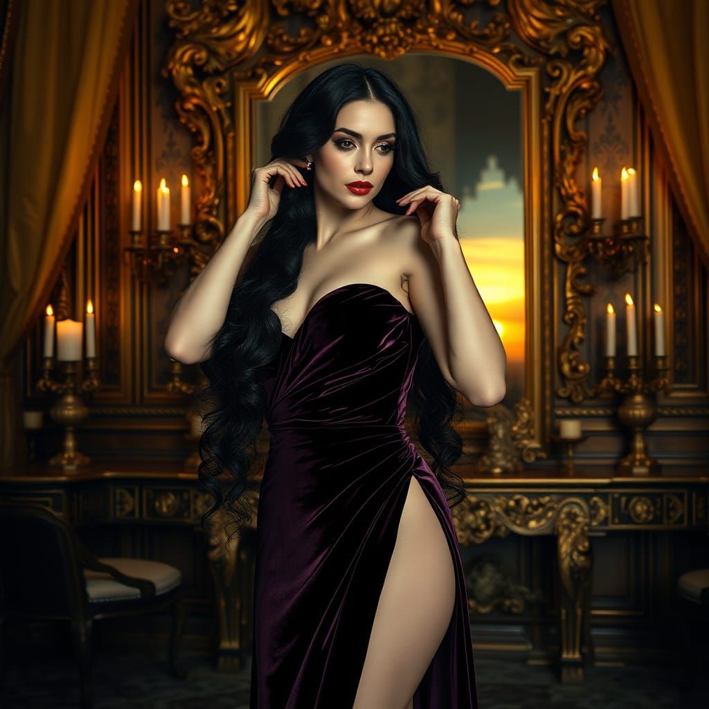 Woman in Velvet Gown, Romantic Oil Painting