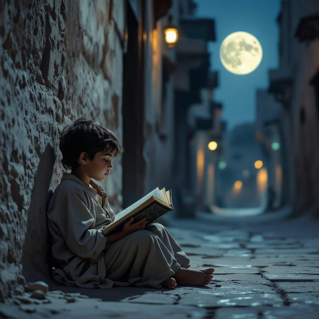 Orphan Boy Reading Quran Under Moonlight
