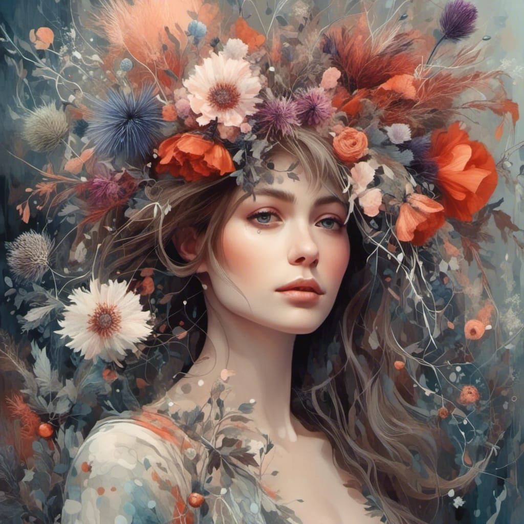 Woman in Thistles, Poppies and Hemlocks Bouquet