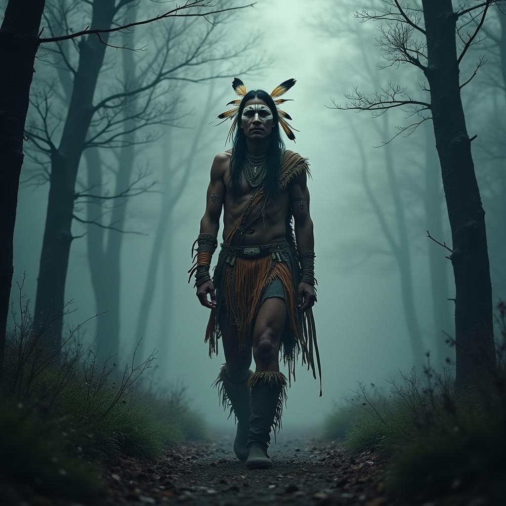 Native American Warrior on Forest Path